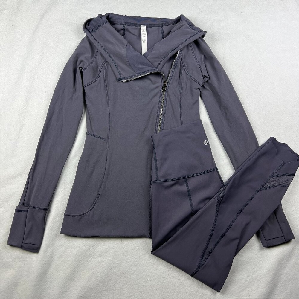 Lululemon Grey Bhkati Yoga Jacket and Scallop Hem Crop Leggings Set Size 4